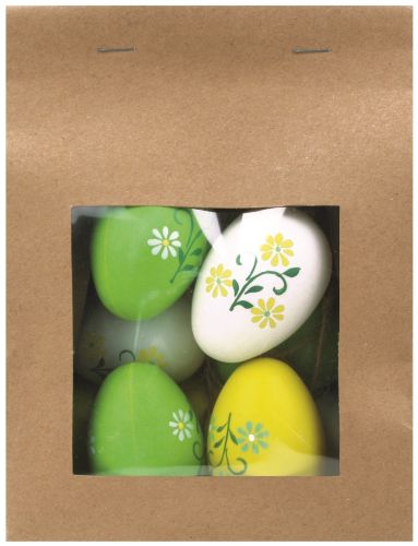 Vajíčka plastová na zavěšení 6 cm, 9 ks v papírovém sáčku - žluto-zeleno bílé